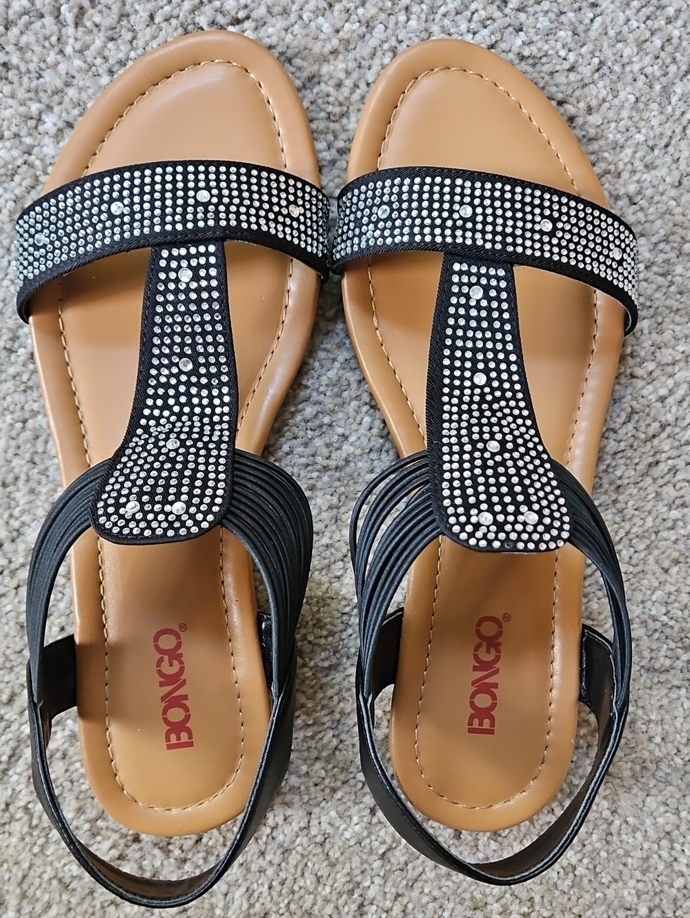 Bongo Rhinestone T-Strap Flat Sandals - Black/Tan Size 7 - Picture 7 of 7